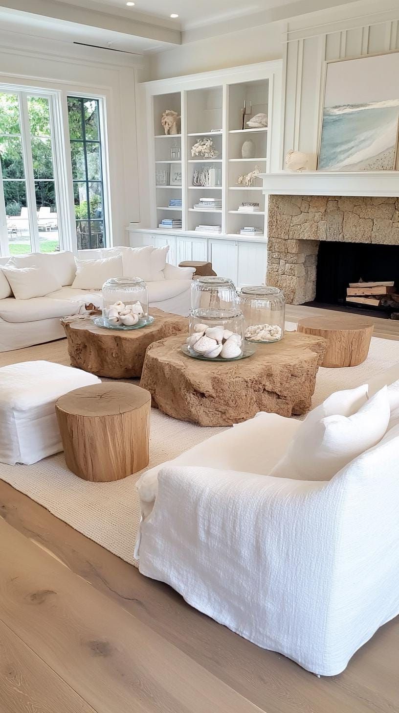 20 Unique Coastal Farmhouse Living Room Ideas That Wow 30 9. Arrange seating around a stone fireplace, and add seashell-filled glass containers-1