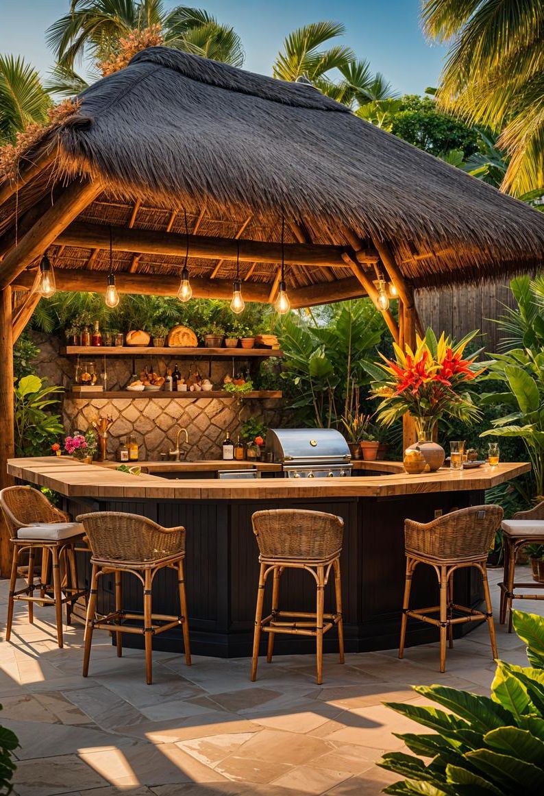 21 Stunning Outdoor Kitchen Patio Ideas (NEW) 27 10. Exotic Tropical Patio Kitchen-1