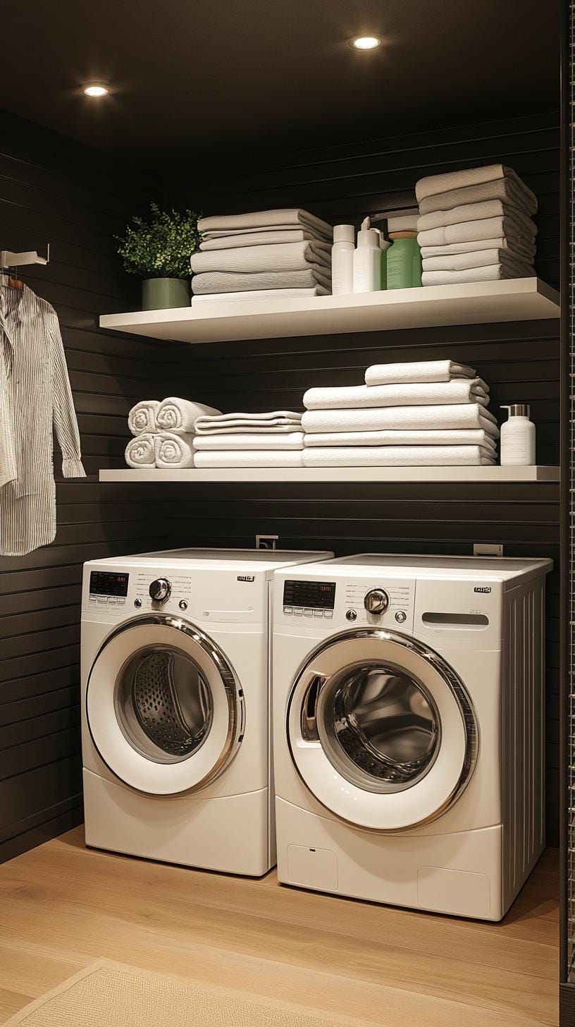 20 Genius Tiny Laundry Room Ideas: Organization & Stacked Design 9 3. Modern black accent wall with floating shelves for linens-2