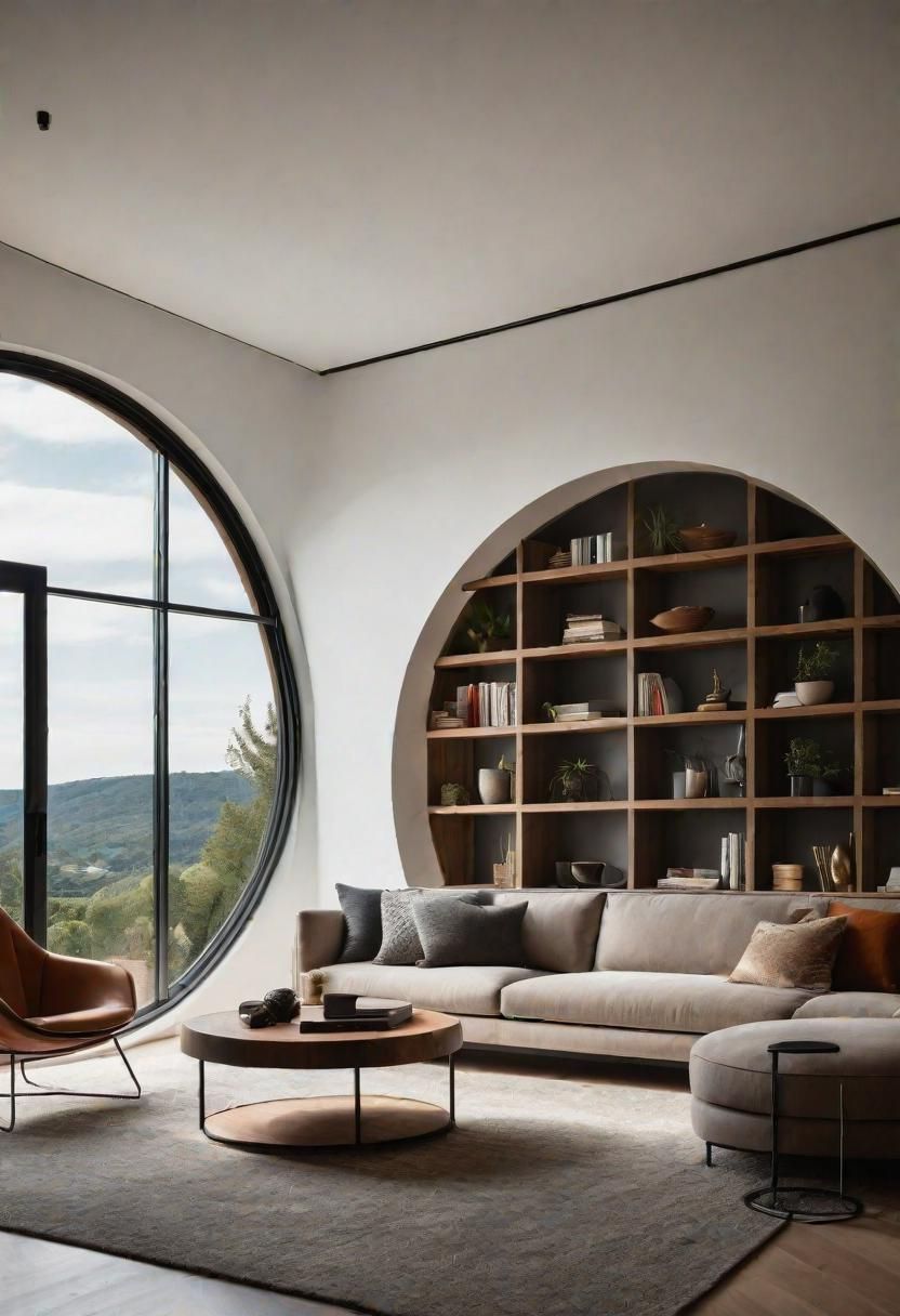 21 Elegant Built-In Shelves Ideas for the Living Room 22 16. Circular Window Shelving: Stylish Accent-1