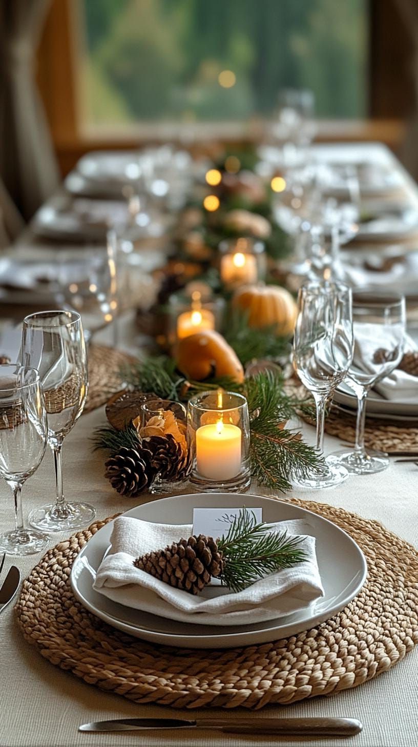 10. Cozy neutral tablescape with woven placemats and pinecones-1