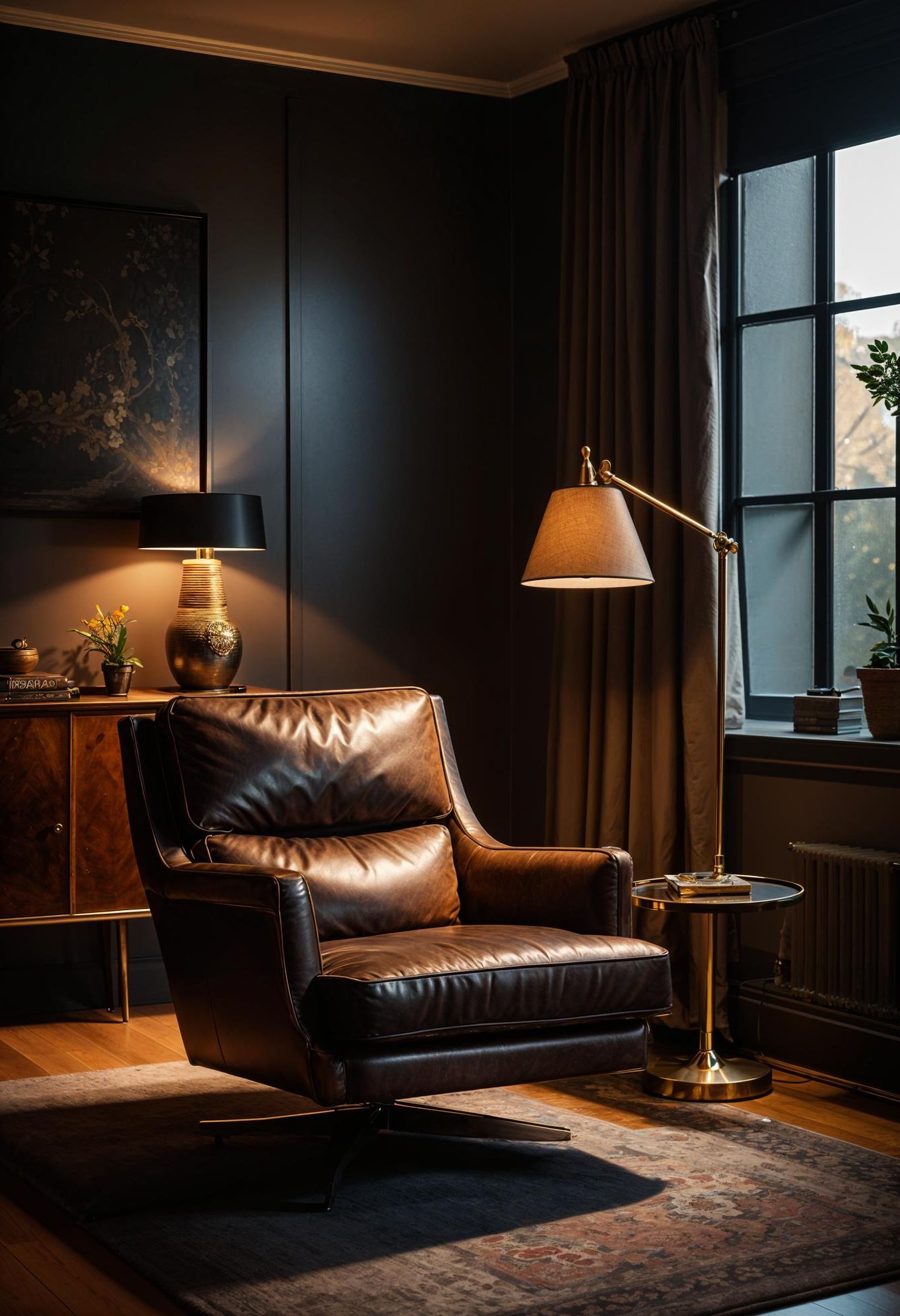 15 Best Moody Mid Century Modern Living Room Ideas 4 1. Vintage Reading Nook Vibes-1