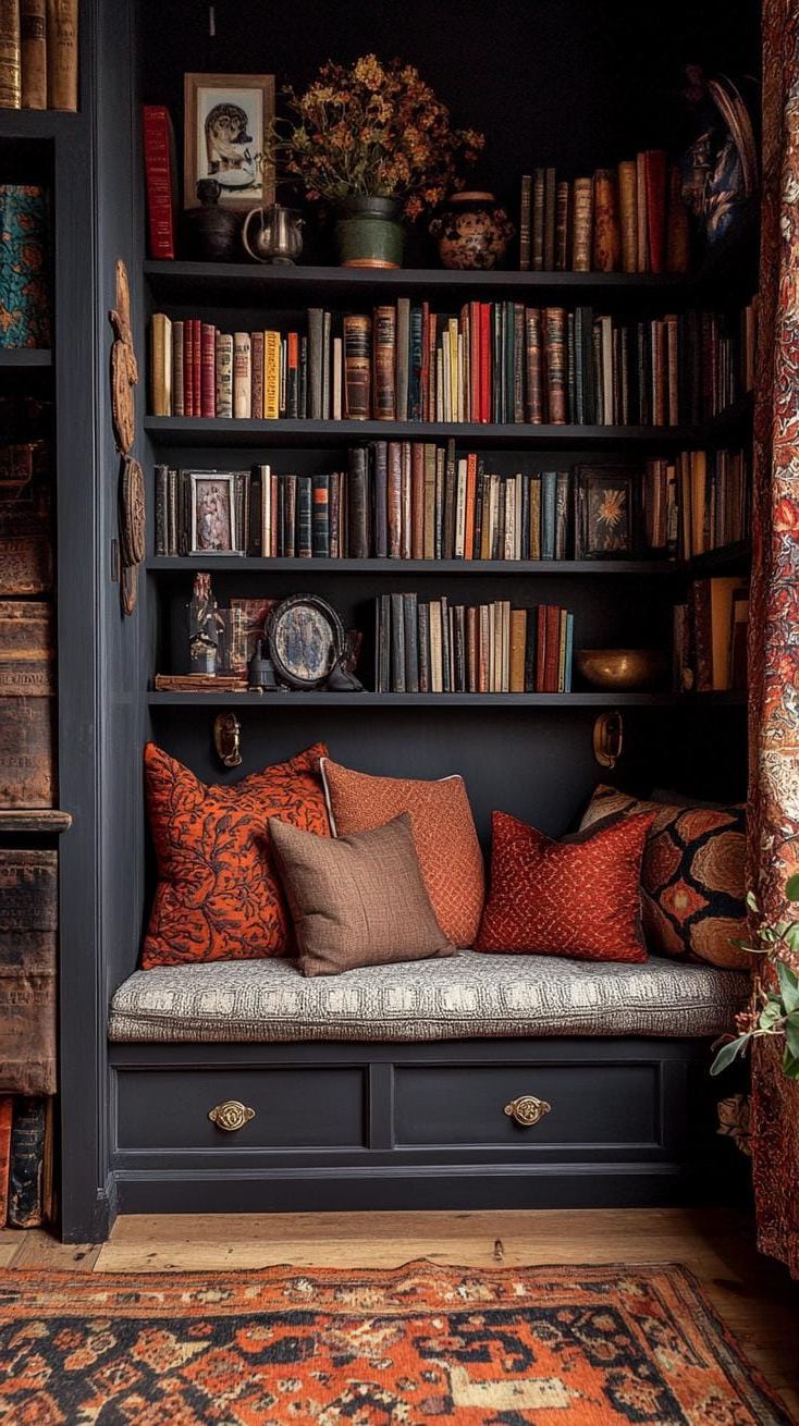 10. Floor-to-ceiling bookshelves against dark walls with a cozy reading nook-1