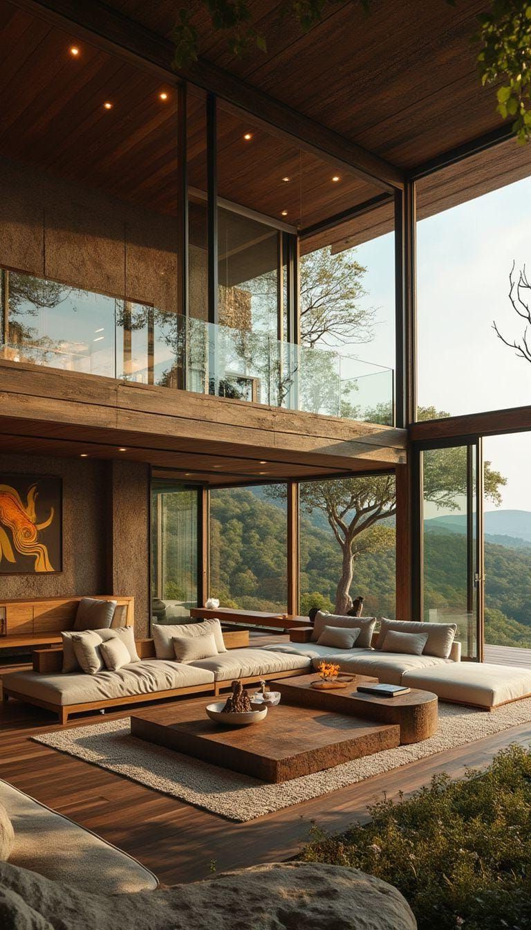 15 New Japandi Living Room Ideas You’ll Love 30 11. Open Space Harmony with Large Window Views and Earthy Color Palette-0