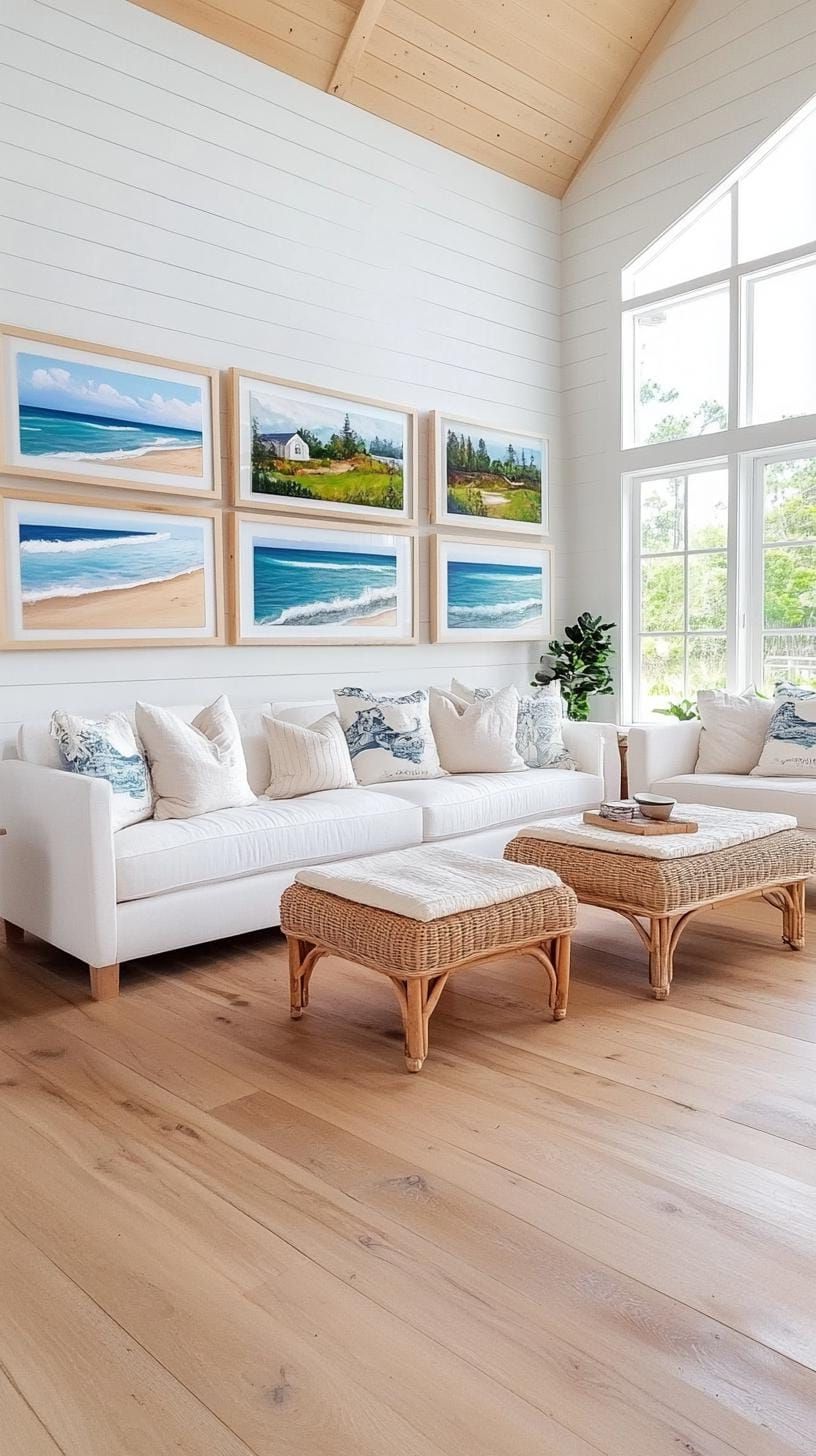 20 Unique Coastal Farmhouse Living Room Ideas That Wow 15 4. Create a gallery wall featuring seascape paintings framed in reclaimed wood-1