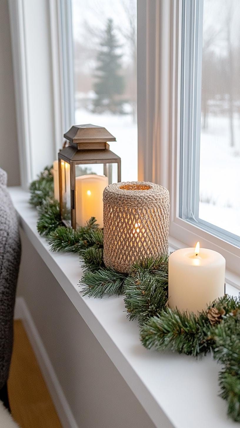 20 Cozy Winter Decor Ideas to Transform Your Home 31 12. Window ledge vignettes with glowing lanterns and greenery garlands-0
