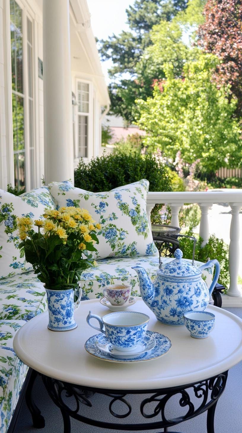 24. English garden nook featuring floral prints, dainty tea sets, and lots of greenery-0