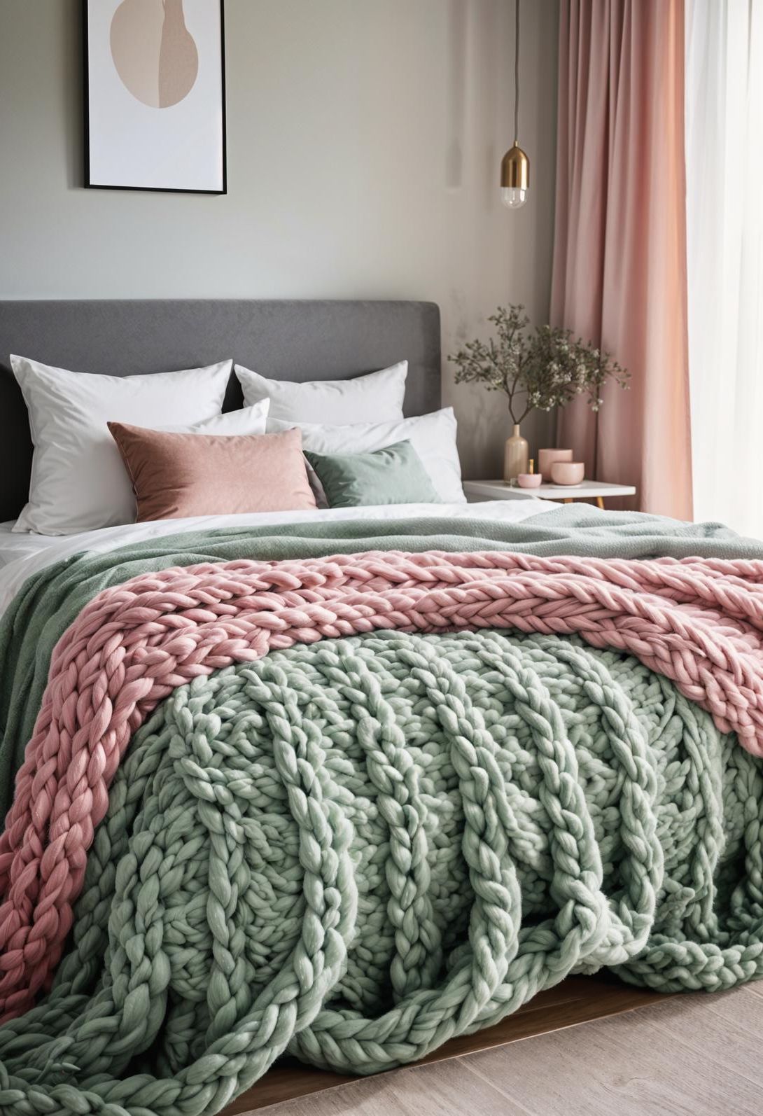 31 Chic Sage Green and Pink Bedroom Inspirations 30 20. Cozy Knit Throws: Sage-Pink Elegance-0