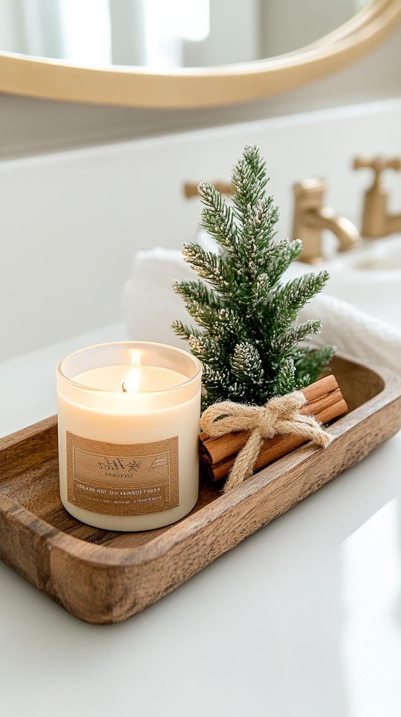 19 Simple Christmas Decor Ideas for Small Bathrooms 10 6. Wooden tray with mini tree and winter candle-0