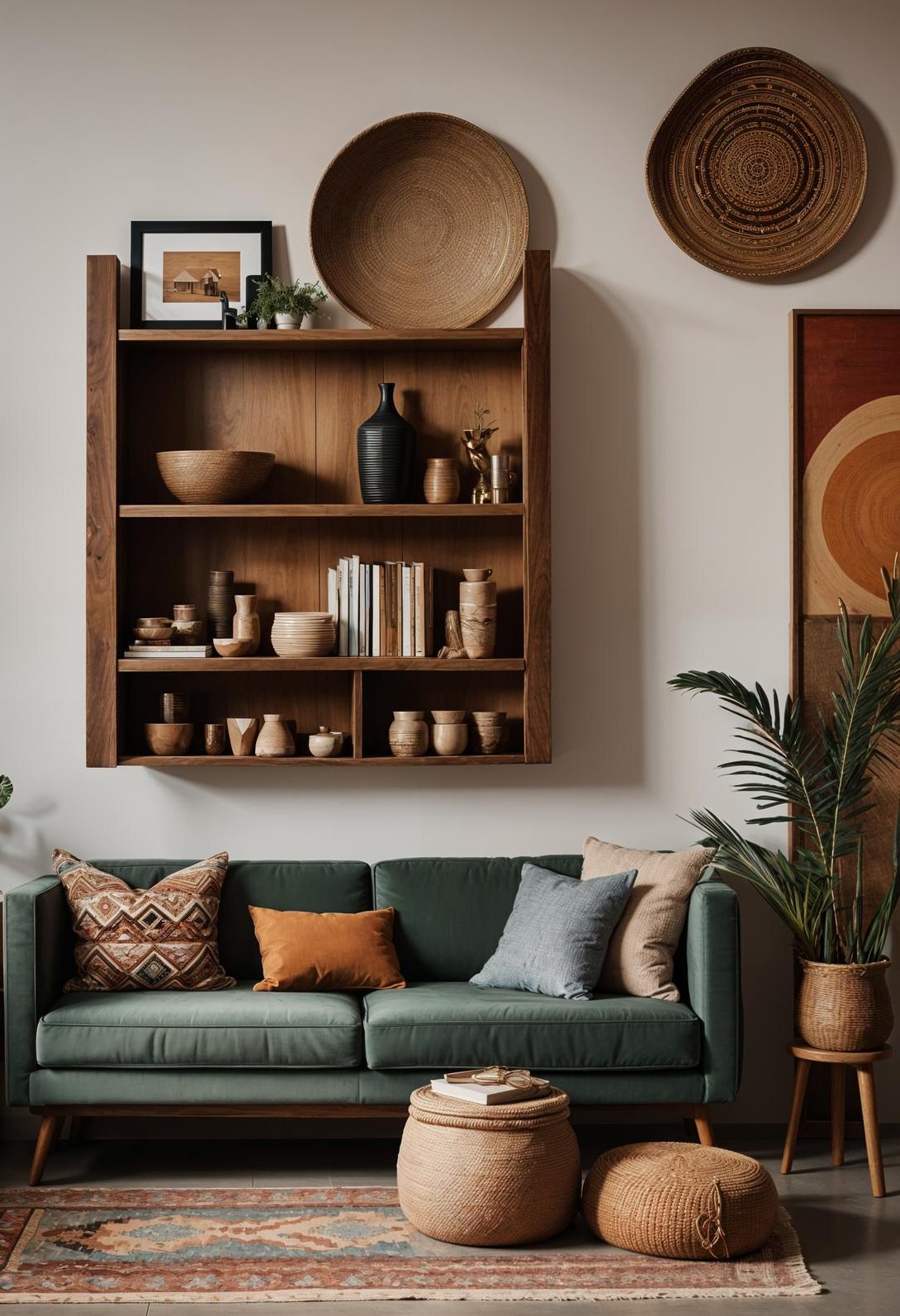 45 Chic & Modern Boho Living Room Ideas To Copy 57 24. Artisan Craft Showcase Shelf-1
