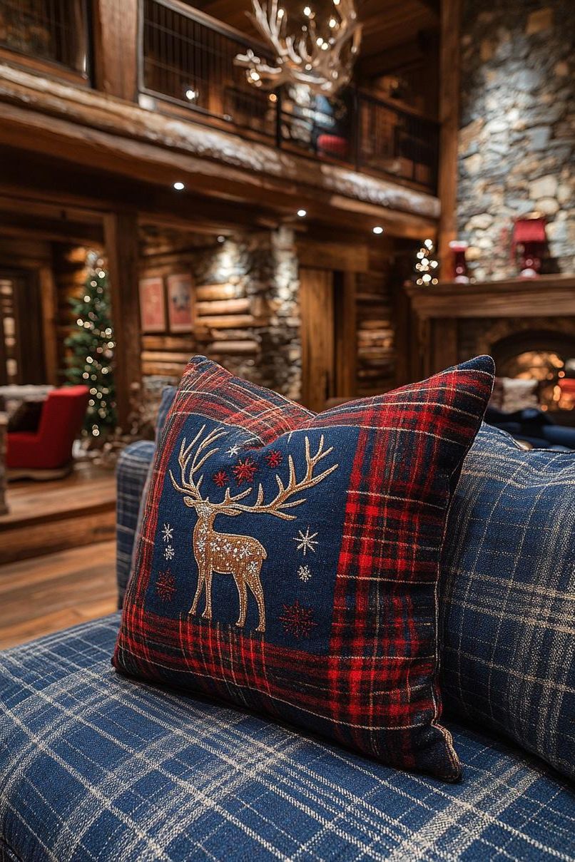 21 Cozy Mountain Lodge Christmas Decor Ideas 53 21. Festive Embroidered Plaid Pillowcases-0