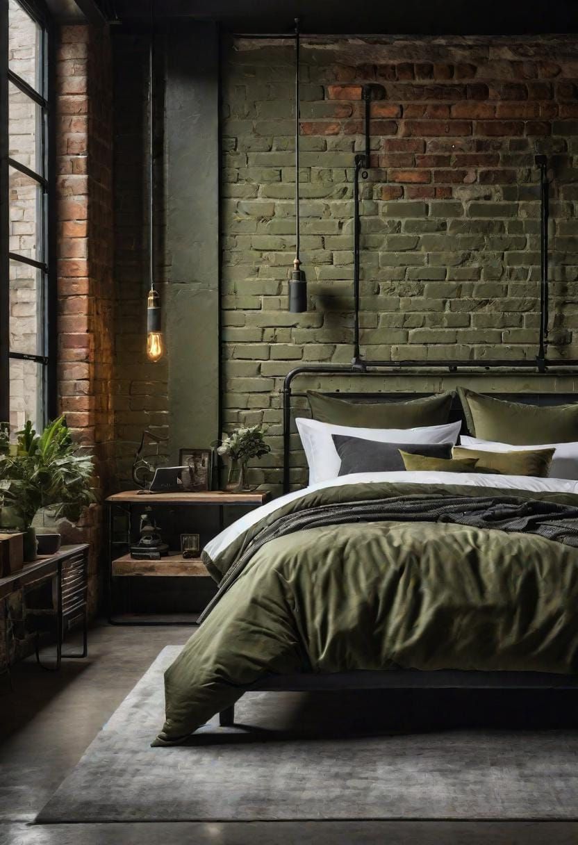 23 Stunning Olive Green Bedroom Ideas You’ll Absolutely Love 30 9. Olive Green Industrial Loft-Style Bedroom with Exposed Brick-0