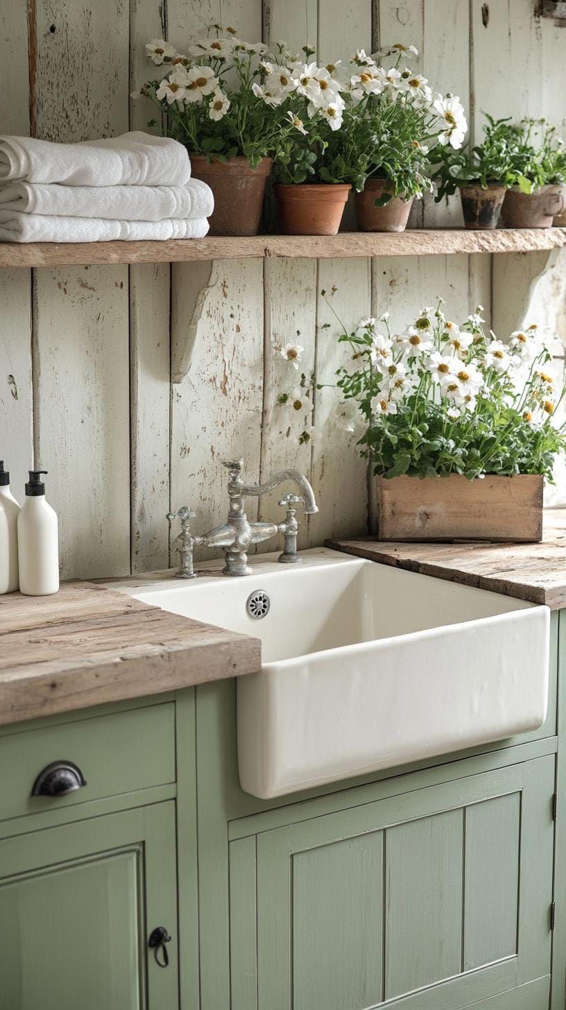 20 Genius Tiny Laundry Room Ideas: Organization & Stacked Design 6 2. Sage green cabinets with farmhouse sink and open shelving-1
