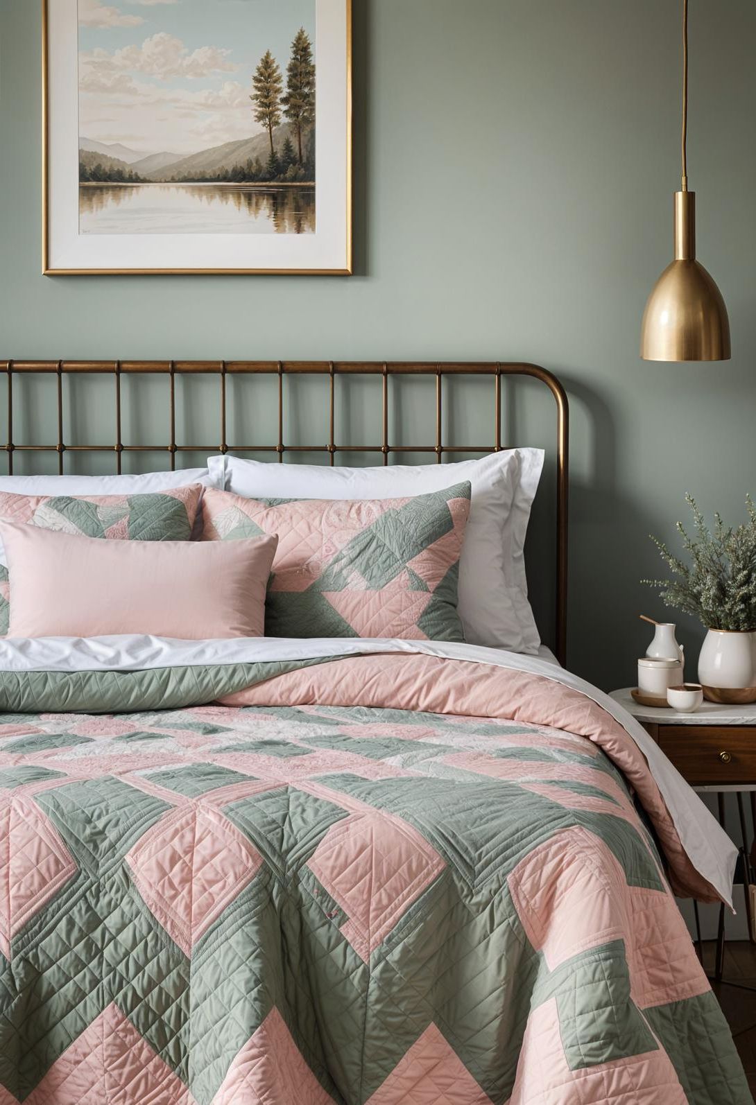 31 Chic Sage Green and Pink Bedroom Inspirations 13 6. Vintage Quilt Bedding Inspiration-0