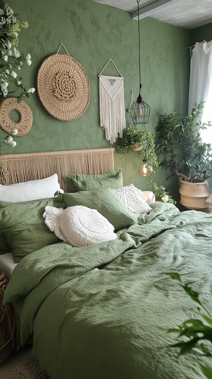 23 Stunning Olive Green Bedroom Ideas You’ll Absolutely Love 13 3. Bohemian Olive Green Bedroom with Macramé and Ratan Pieces-3