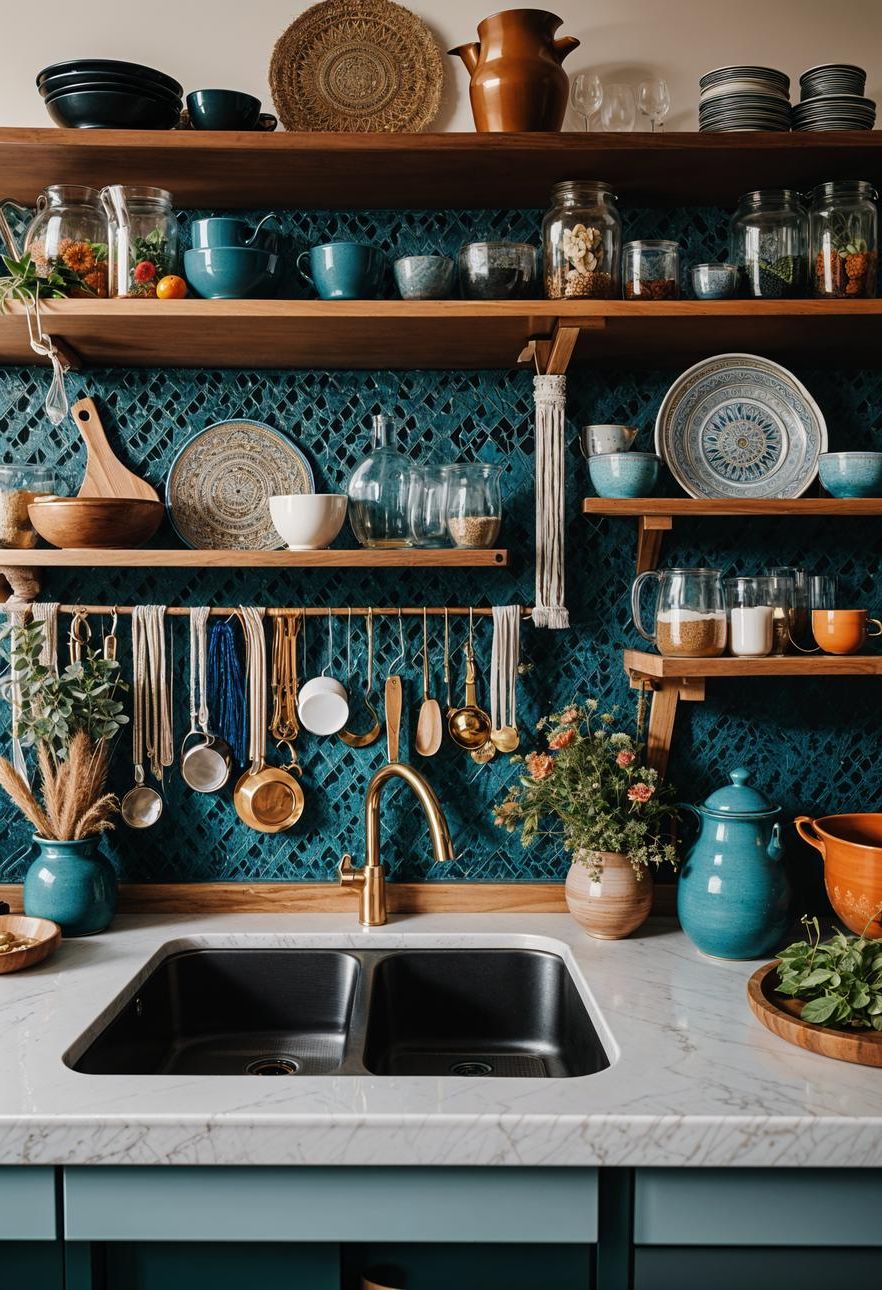 27 Stunning Boho Kitchen Designs That Will Inspire You 15 9. Eclectic Vintage Kitchen Shelving-0