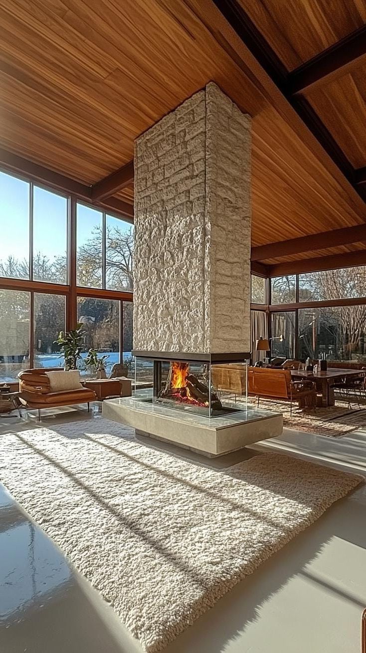 7. Glass-enclosed double-sided fireplace with stone accent wall-0