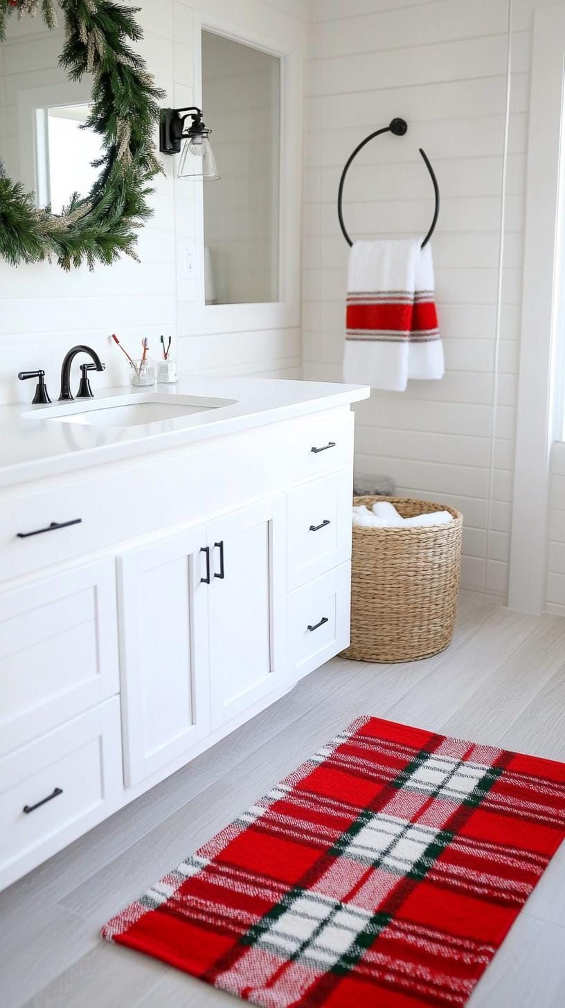19 Simple Christmas Decor Ideas for Small Bathrooms 26 14. Red and green plaid rugs with matching decor-1