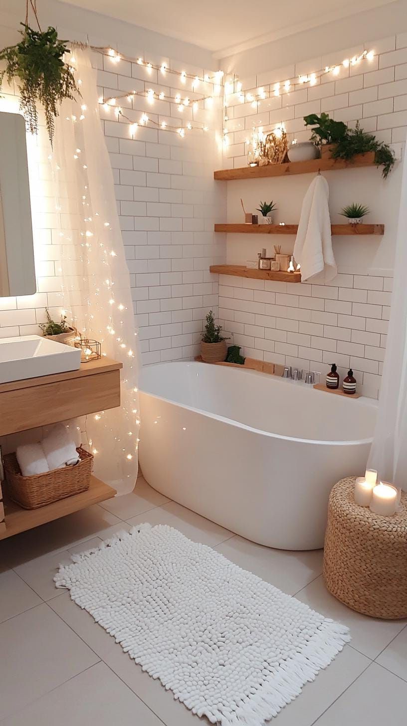 19 Simple Christmas Decor Ideas for Small Bathrooms 16 10. String of fairy lights draped over shower curtain-0
