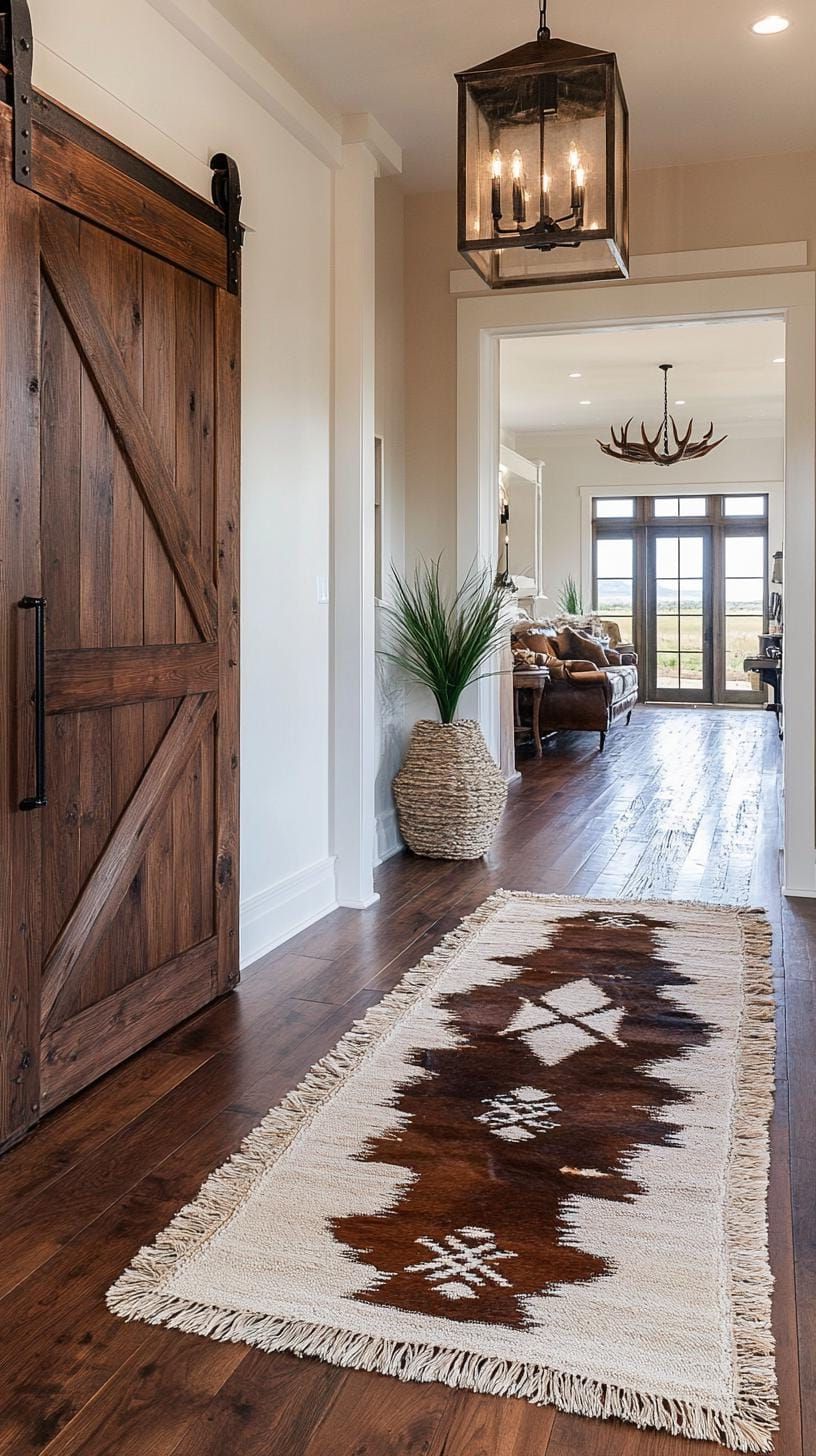 25 Chic Ranch House Decor Ideas for Modern Rustic Living 21 6. Hallway with sliding barn doors and rustic pendant lighting-2
