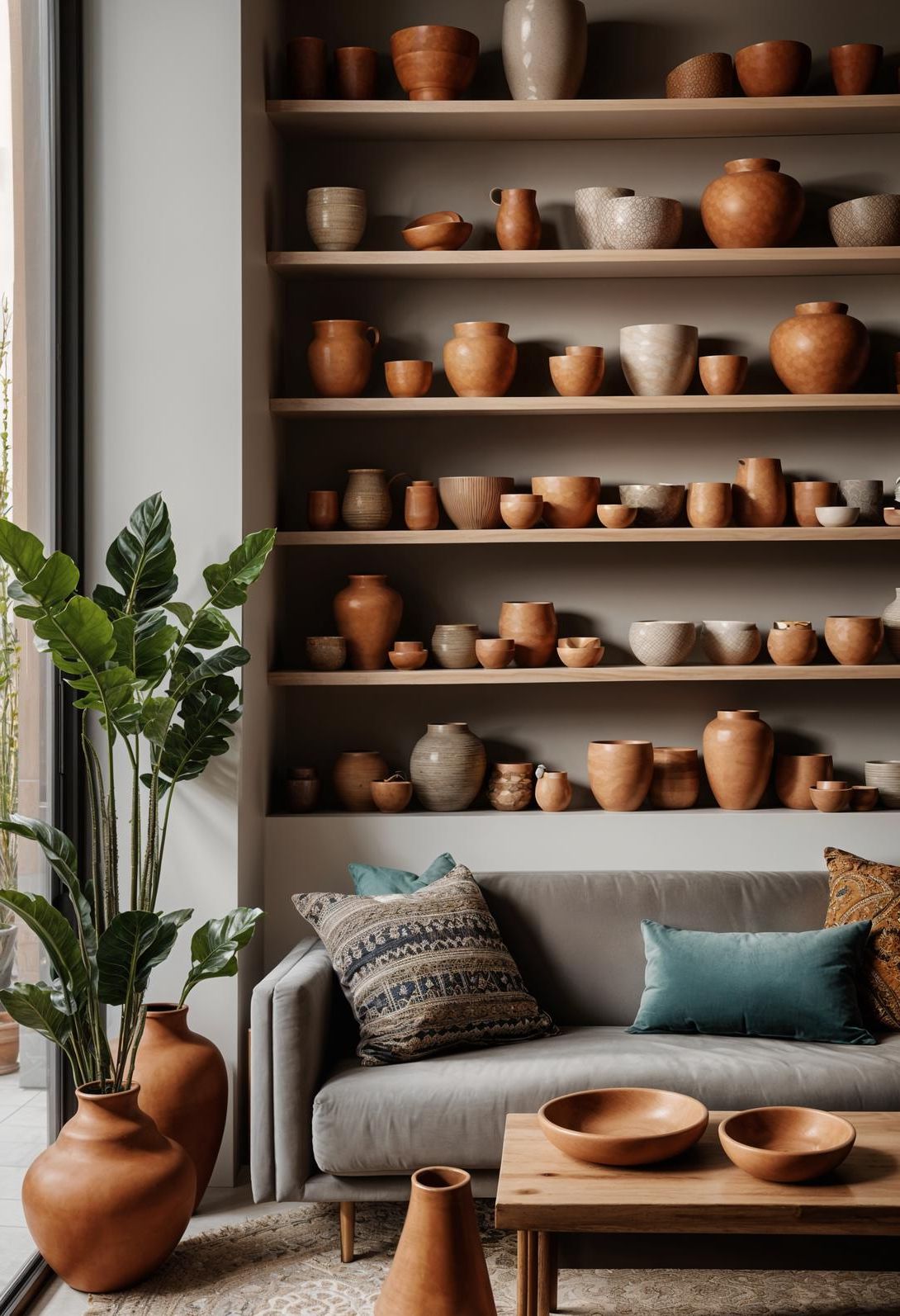 45 Chic & Modern Boho Living Room Ideas To Copy 92 45. Artisan Clay Pot Display-0