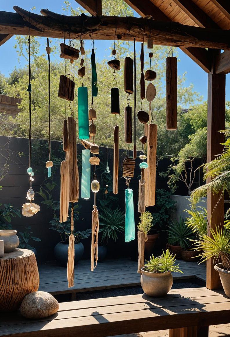 15 Chic Boho Patio Ideas You’ll Love 13 5. Soothing Sounds with Driftwood Chimes-1