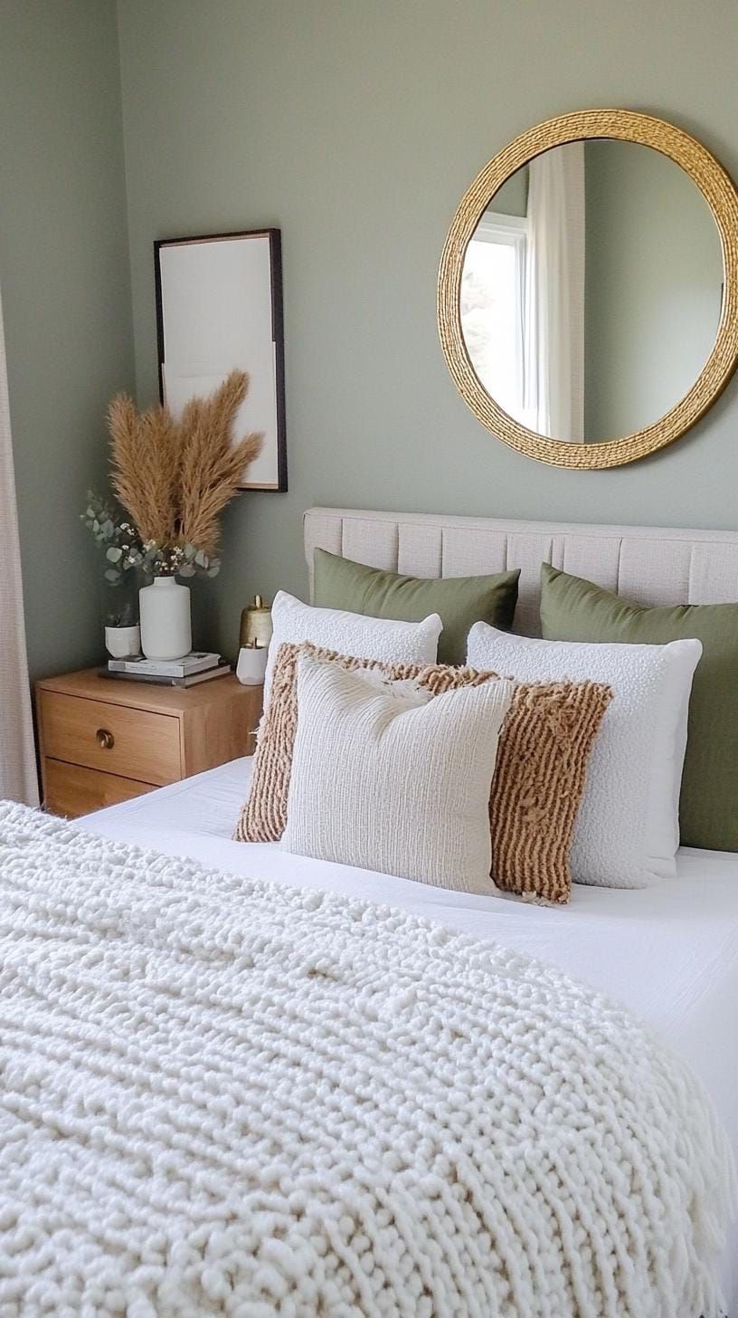 14. Mixed Materials: Use a blend of metals, like a gold-framed mirror, with sage-toned elements for contrast and interest-1