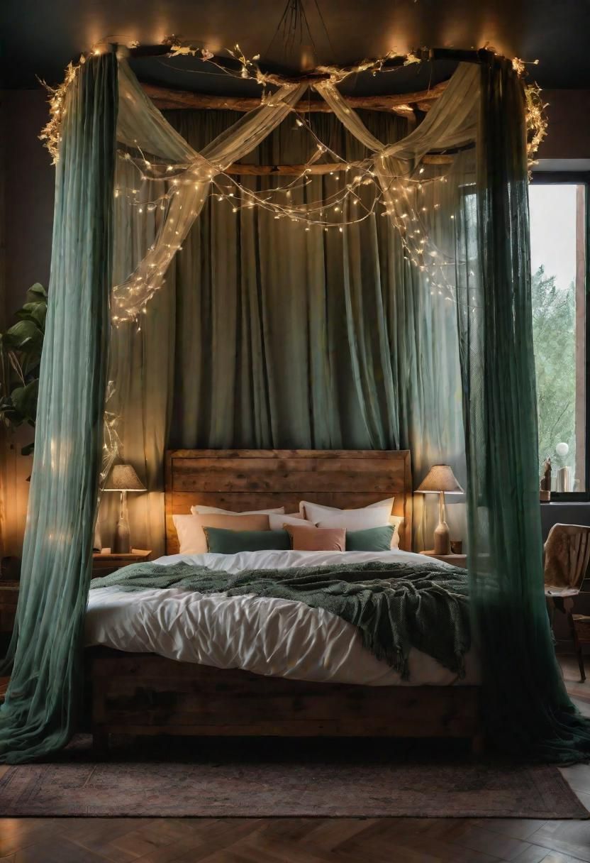 39 Sage Green Farmhouse Bedroom Ideas: Trendy Rustic Chic 12 5. Enchanting Sage Green Canopy Bed-1