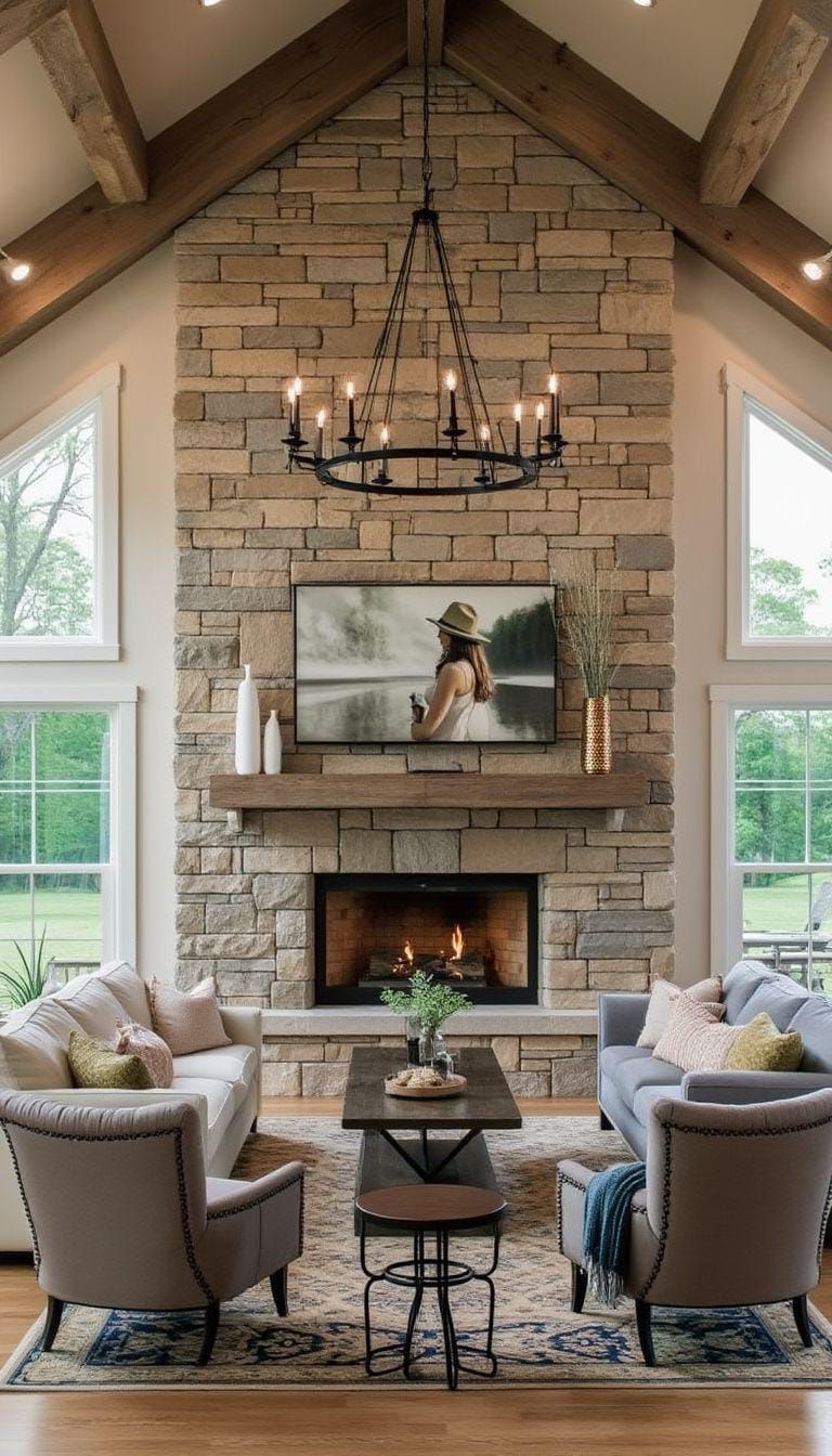 23 Best Modern Farmhouse Living Room Ideas To Inspire You 9 3. Floor-to-Ceiling Stone Fireplace as a Central Focal Point-0