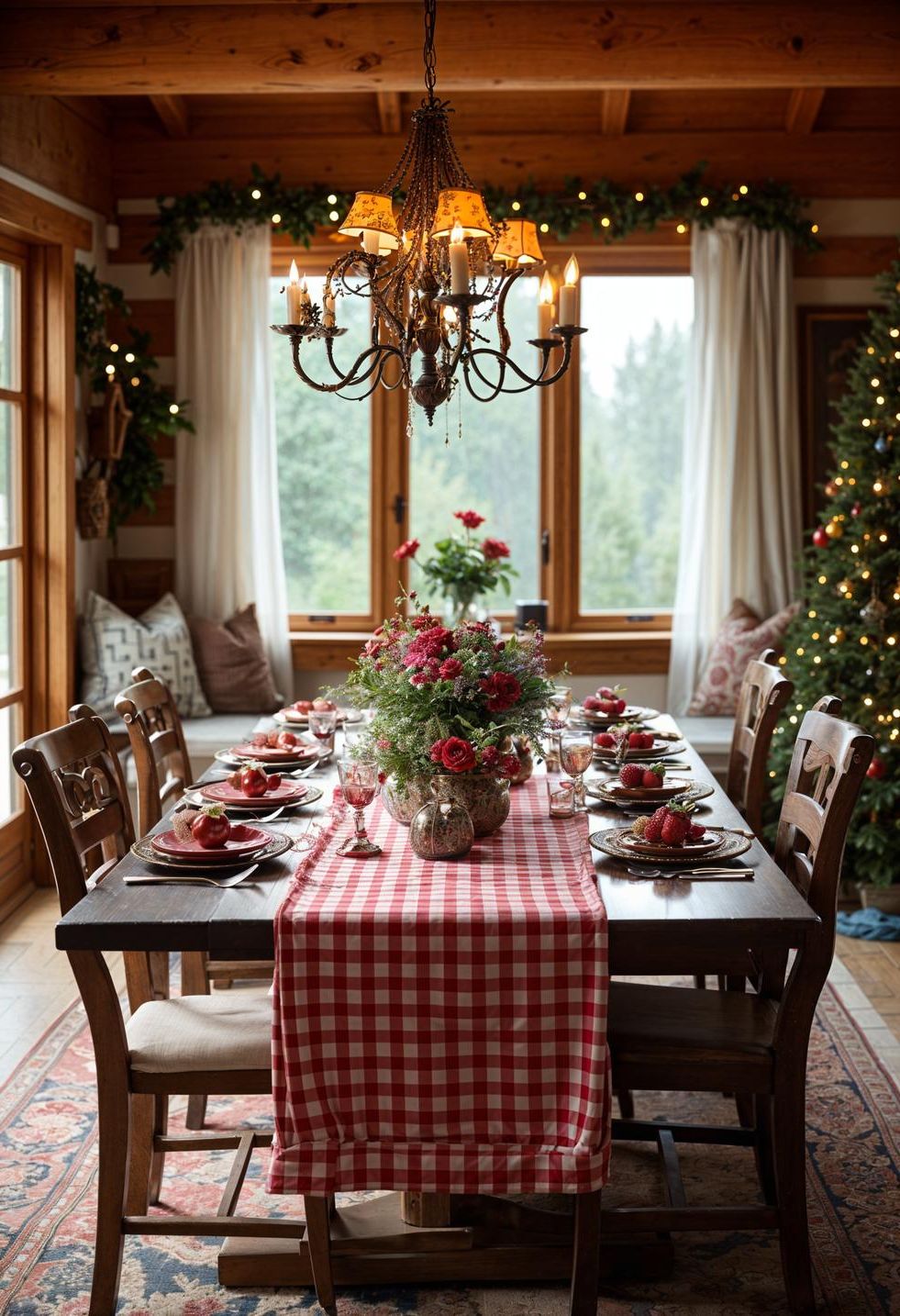 21 Cozy Mountain Lodge Christmas Decor Ideas 38 15. Gingham Table Runners for Christmas-1