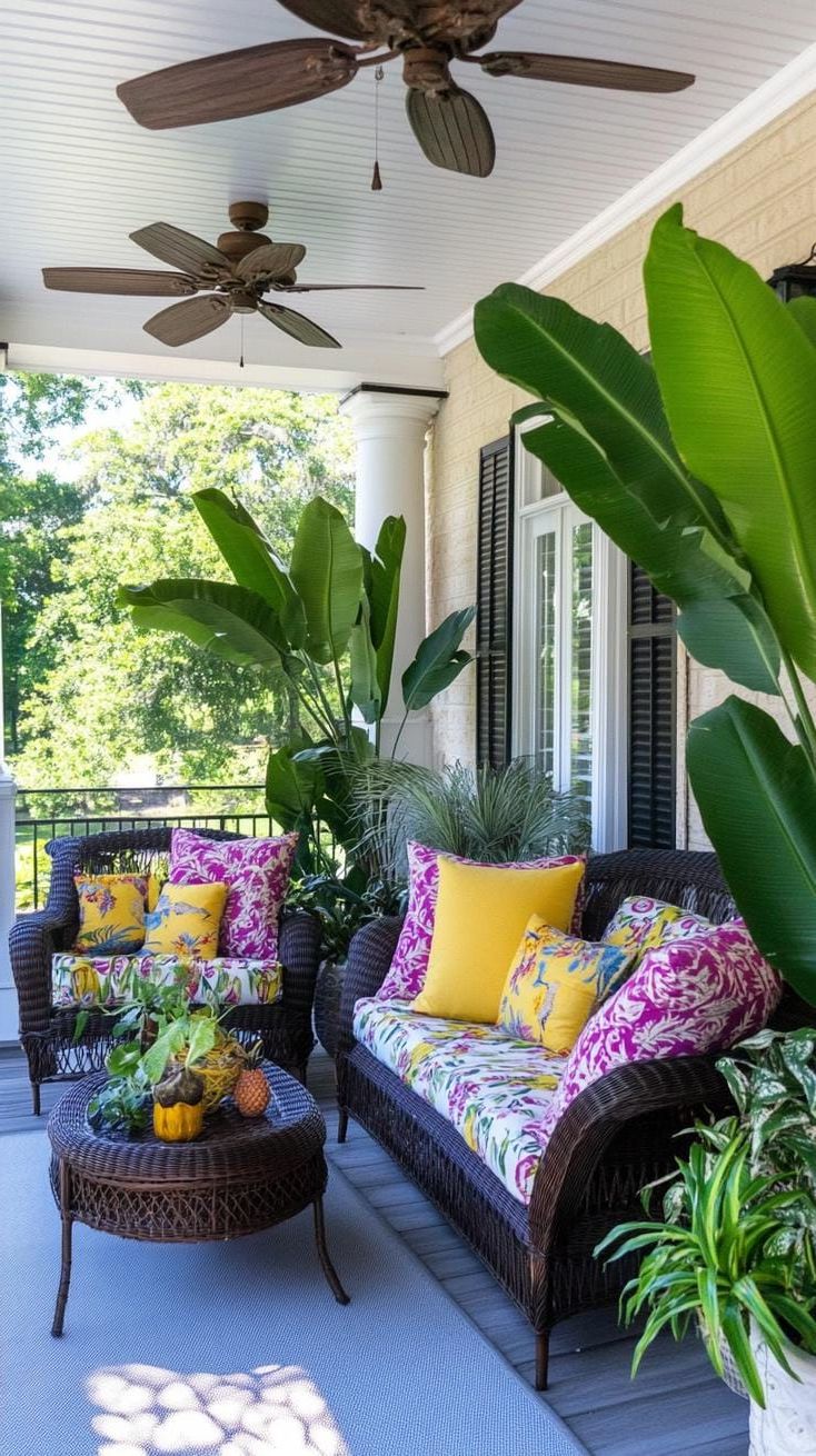5. Tropical paradise with banana leaf plants, cane furniture, and colorful outdoor cushions-0