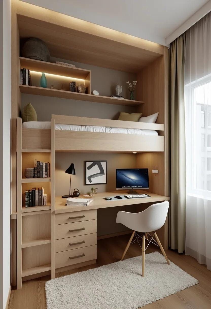 21 New Bedroom Ideas for Your 2025 Refresh 43 15. Loft bed over desk for small space optimization-0