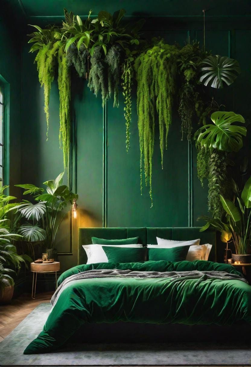 20 Moody Green Bedroom Ideas for a Cozy Retreat 12 3. Botanical Sanctuary: Layer various shades of green with lush indoor plants against a backdrop of moss-colored walls-2