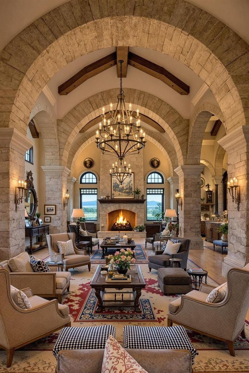 25 Chic Ranch House Decor Ideas for Modern Rustic Living 76 23. Stone archways and chandeliers in grand, ranch-style living space-1
