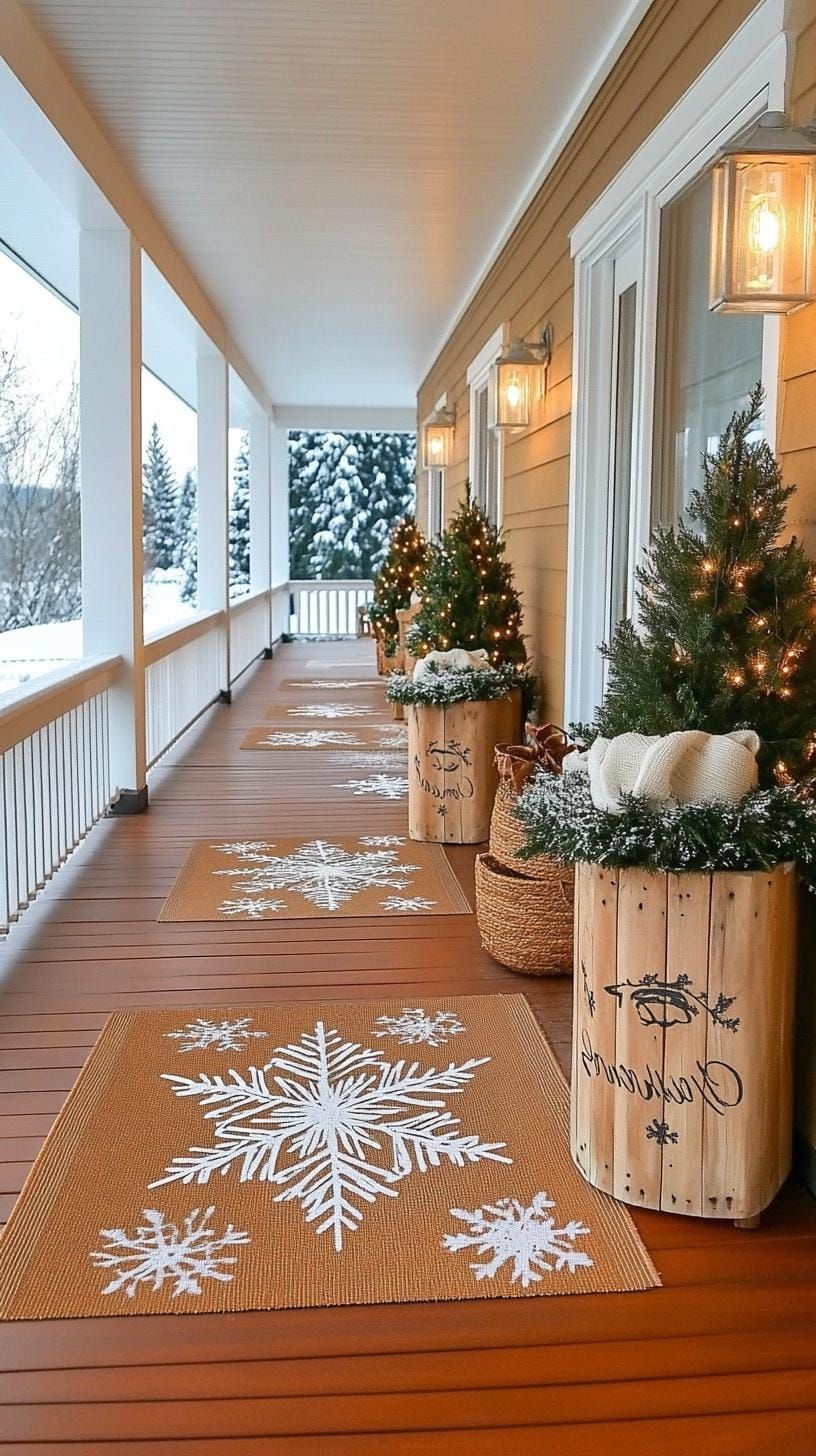 15 Gorgeous Winter Porch Decor Ideas to Spark Your Creativity 29 10. Snowflake Stencils on Wooden Welcome Signs-1