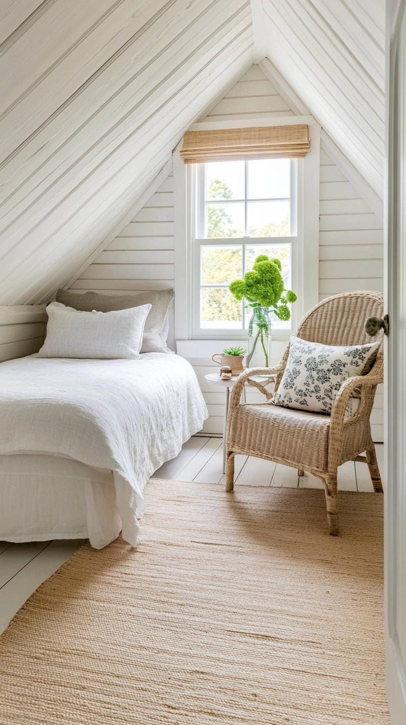 20 Super Cozy Small Attic Bedroom Ideas to Explore Today 5 1. Minimalist Scandinavian Retreat with whitewashed shiplap walls and light pine flooring-2