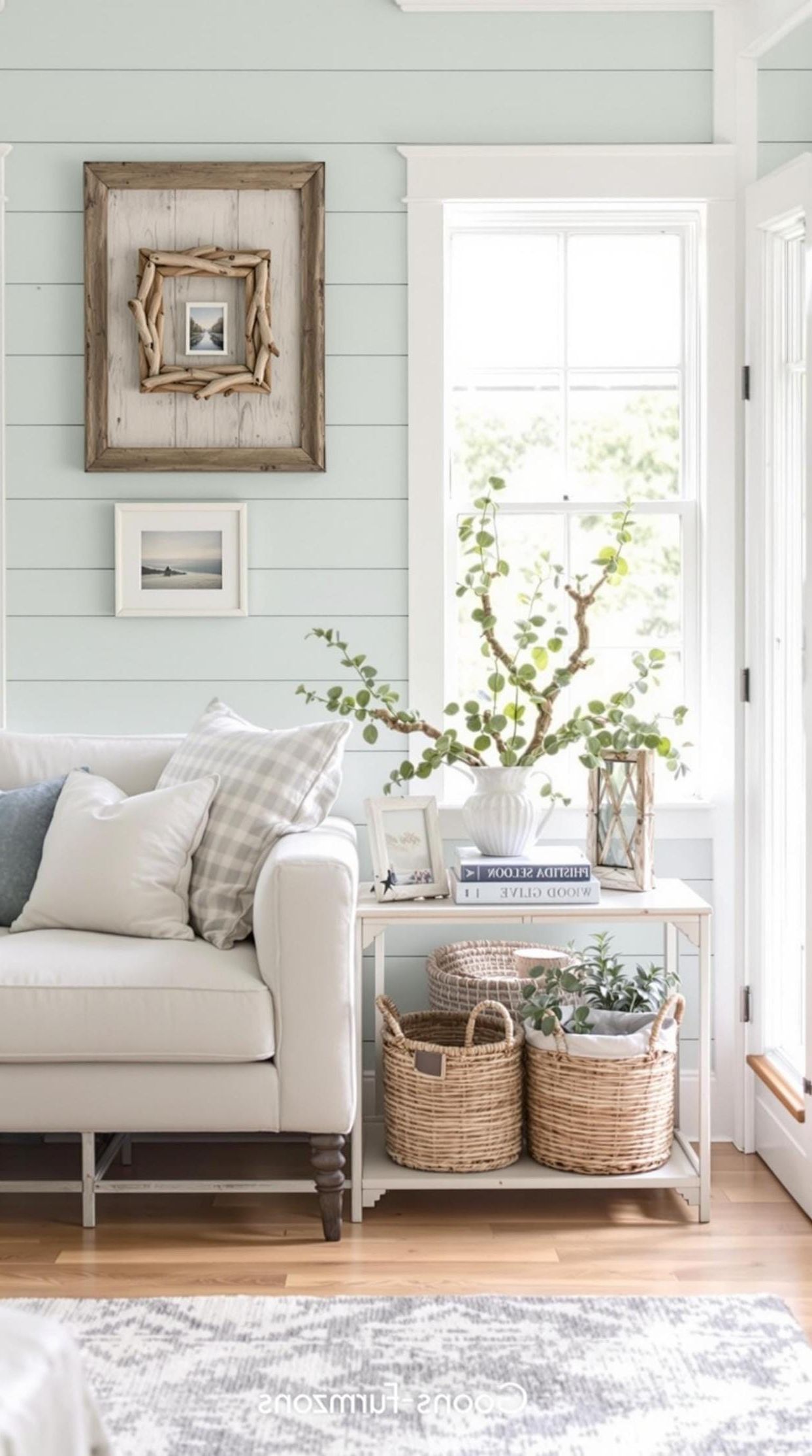 20 Unique Coastal Farmhouse Living Room Ideas That Wow 11 3. Integrate shiplap walls painted in seafoam green with driftwood and wicker accents-1
