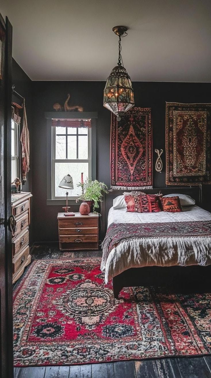 17. Layered Persian rugs on dark wooden floors, boho textiles-2