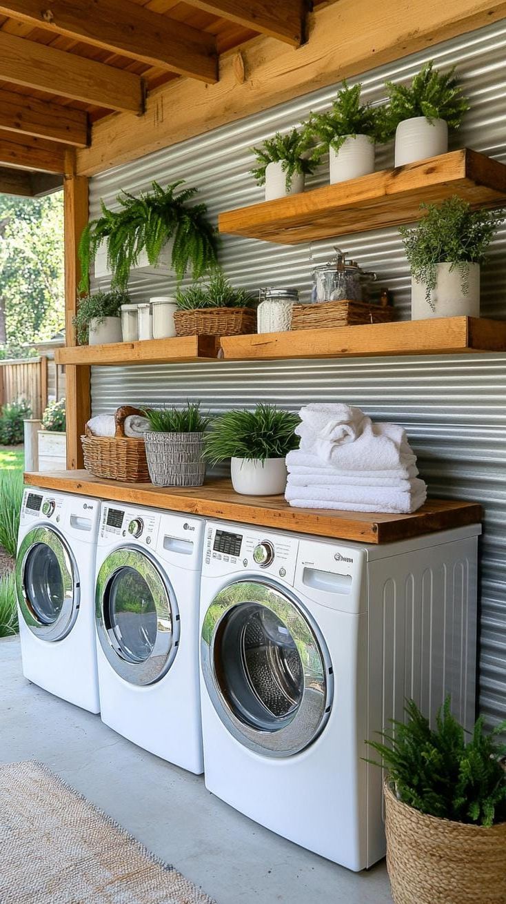 25 Chic Ranch House Decor Ideas for Modern Rustic Living 35 11. Laundry room with corrugated metal wall paneling and wood shelves-0