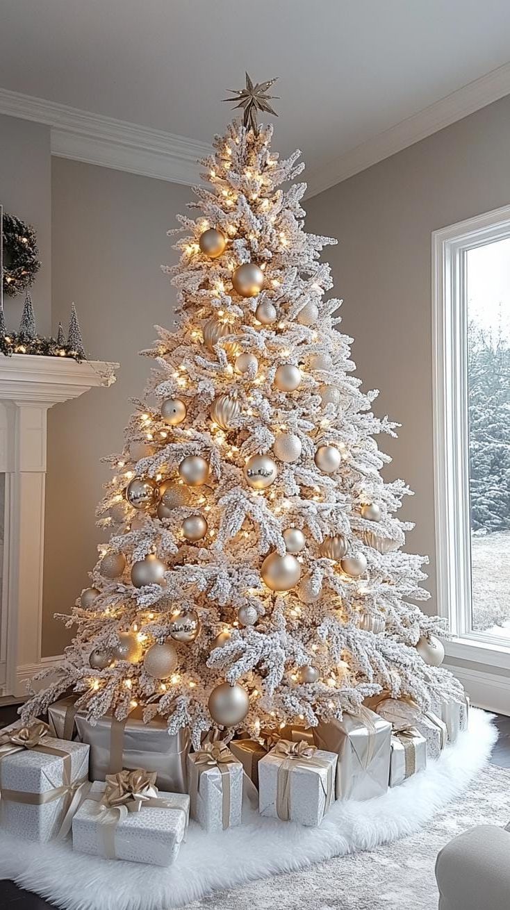 21 Magical Christmas Decor Inspiration for a Cozy Home 12 5. Elegant White Flocked Tree Decor-0
