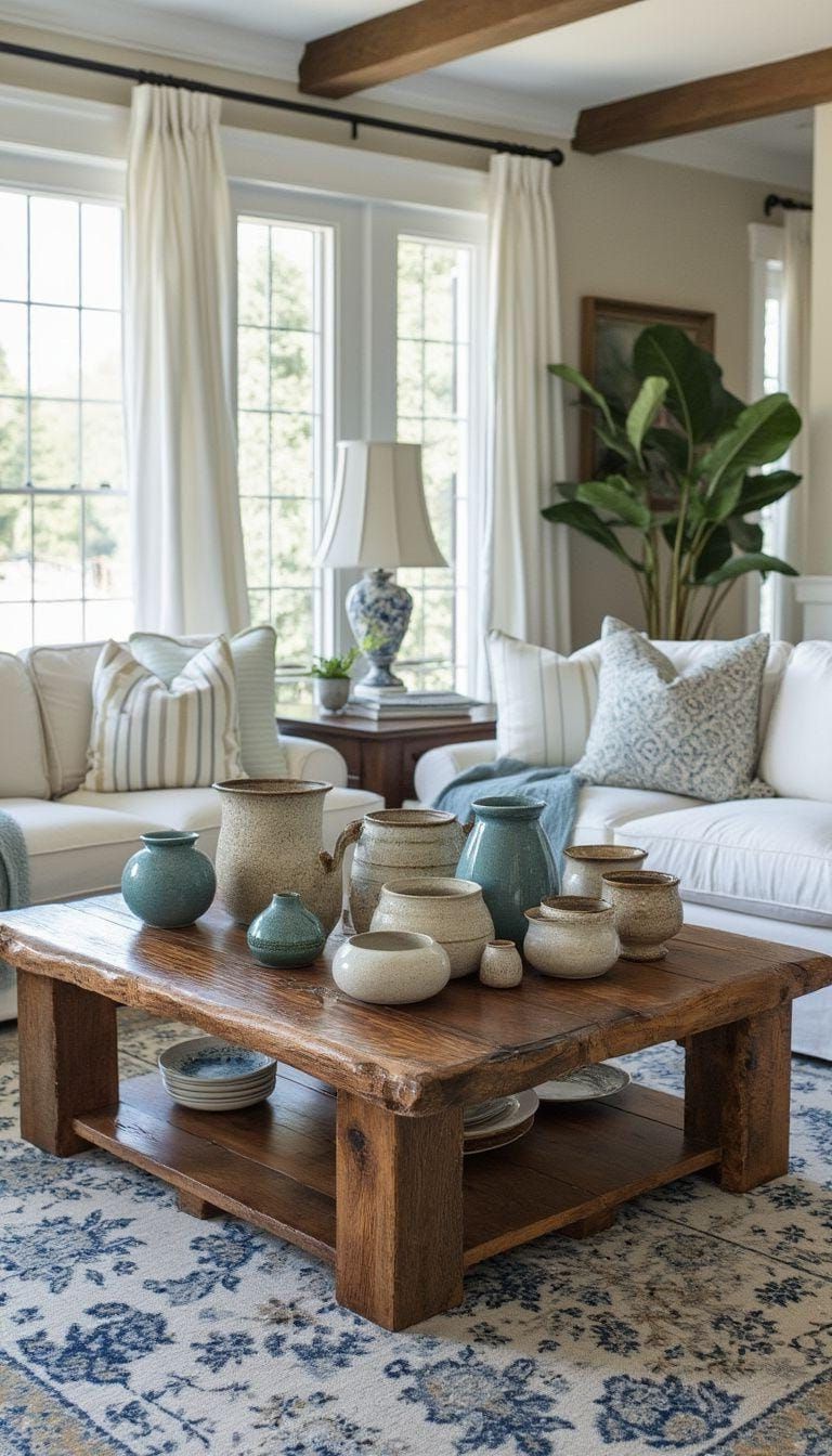 20 Unique Coastal Farmhouse Living Room Ideas That Wow 43 14. Add coastal-themed slip pottery as a centerpiece on a reclaimed wood coffee table-0