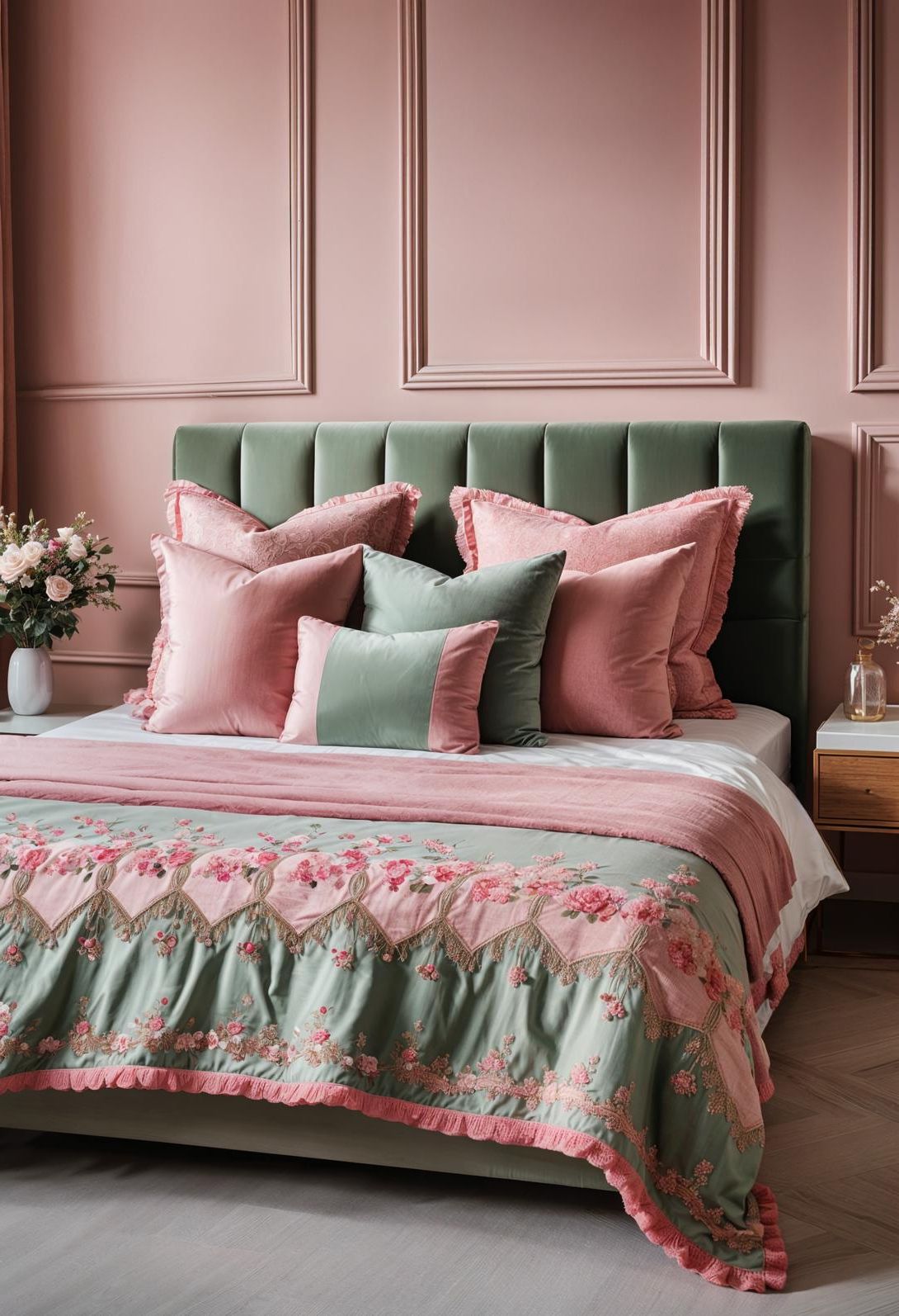 31 Chic Sage Green and Pink Bedroom Inspirations 39 26. Embroidered Throw Pillows: Sage Pink-0