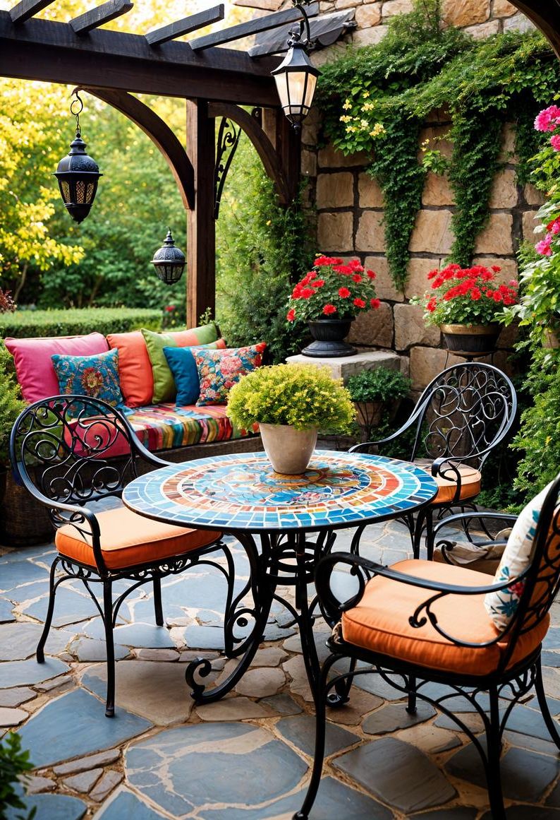 21 Small Flagstone Patio Ideas You’ll Love 11 3. Colorful Coffee Corner Oasis-2