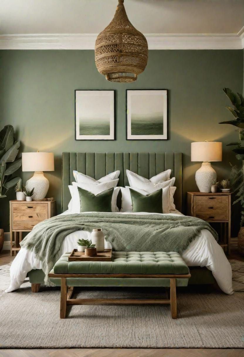 21. Balanced Symmetry: Arrange bedside tables symmetrically, each accessorized with sage and white ceramics-0
