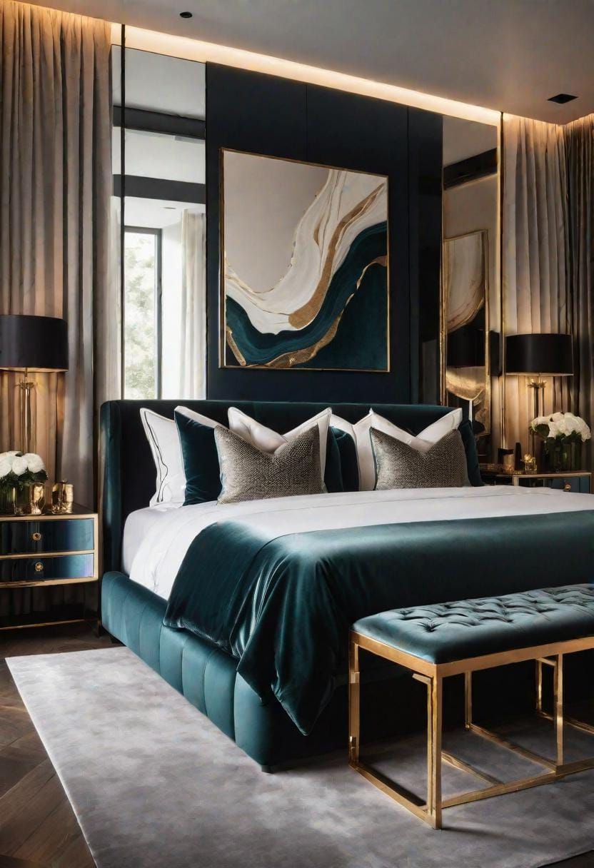 21 Modern Bedroom Ideas For Your 2025 Makeover 19 5. Luxe modern featuring plush fabrics, bold art pieces, and mirrored surfaces-1