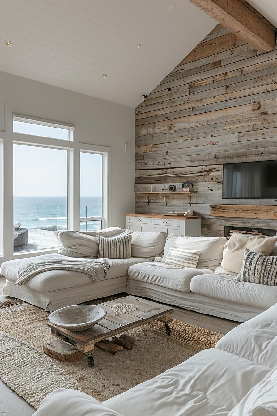 15 Chic Neutral Coastal Living Room Ideas You Will Love 33 14. Coastal Weathered Wood Accent Wall-0