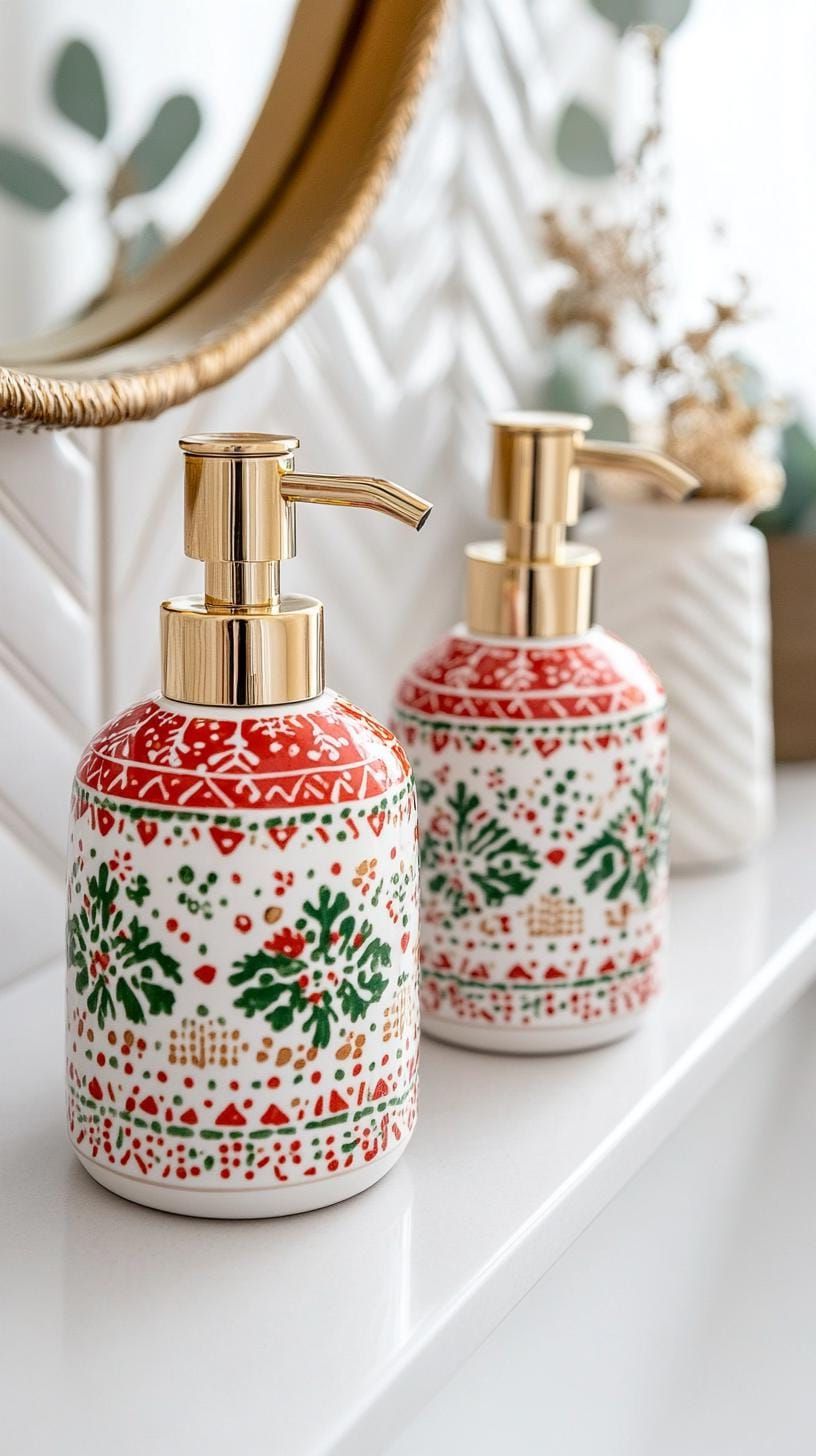 19 Simple Christmas Decor Ideas for Small Bathrooms 14 9. Festive soap dispensers with red and green patterns-0