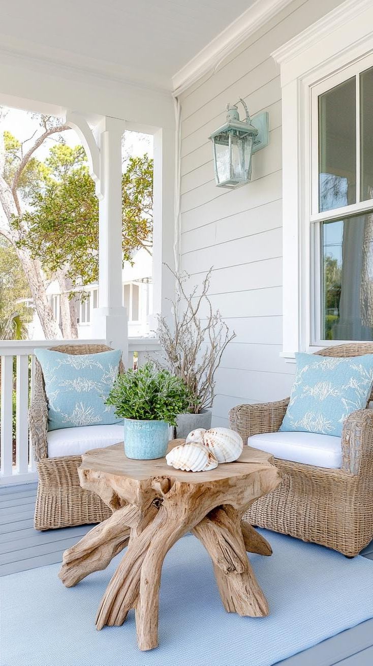 19. Seaside shack inspired by driftwood, shell accents, and light blue hues-1