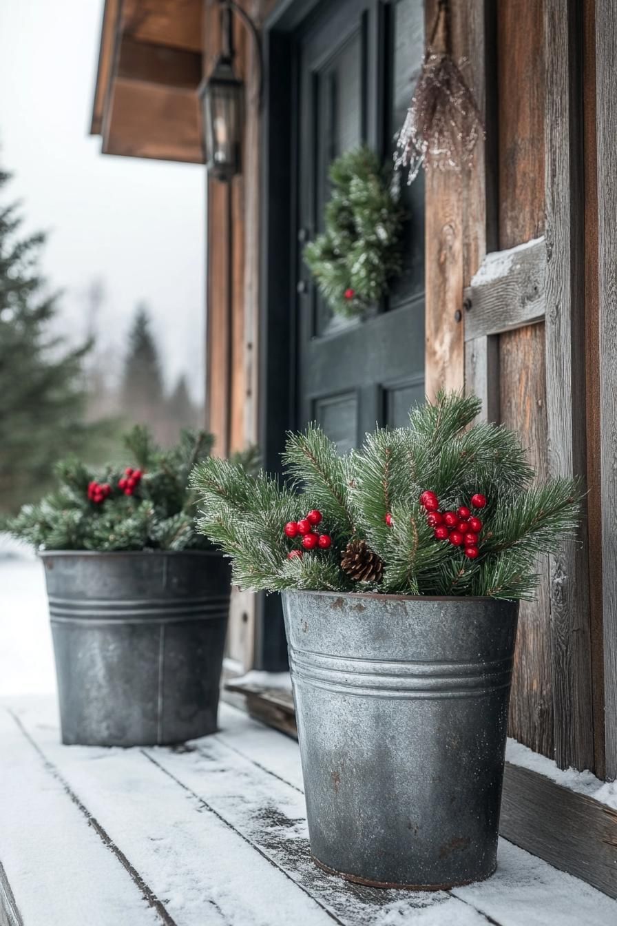 16 Unique Front Porch Christmas Decor Ideas for Holiday Season 22 8. Festive Pine-Filled Galvanized Buckets-0