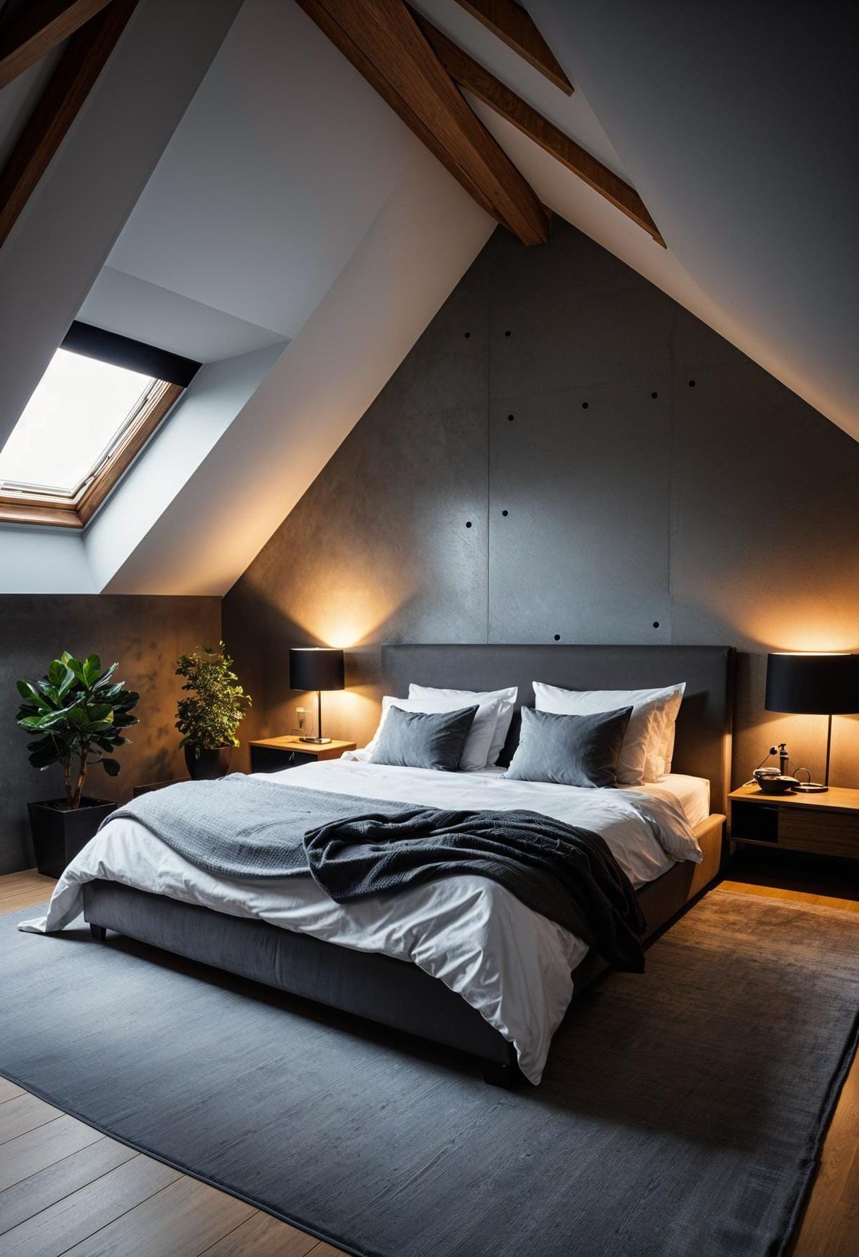 20 Super Cozy Small Attic Bedroom Ideas to Explore Today 50 16. Contemporary Urban Chic with concrete wall finishes and sleek minimalist furniture-1